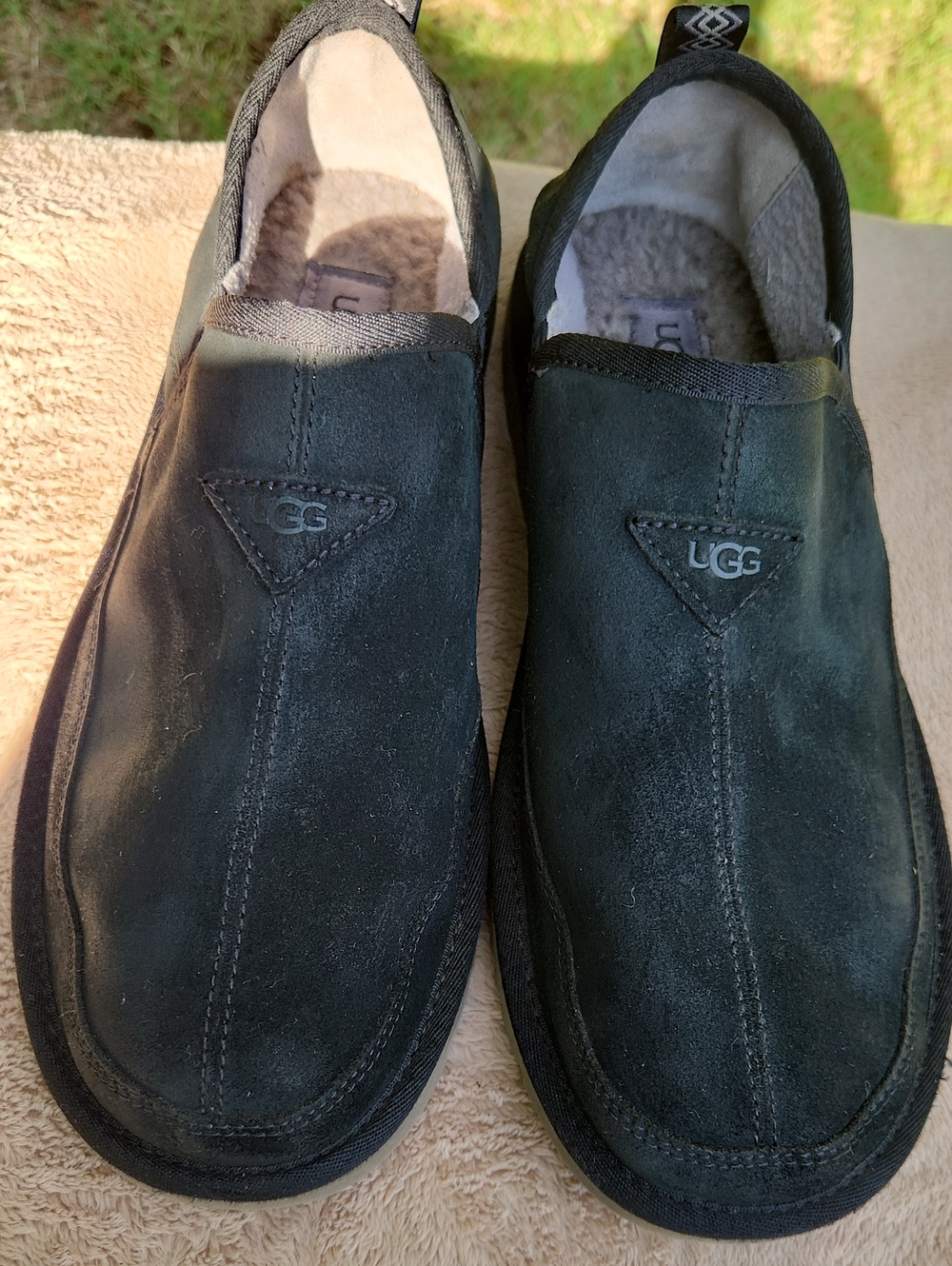 UGG Men’s Black Suede Slip-On Loafers with Shearling Lining